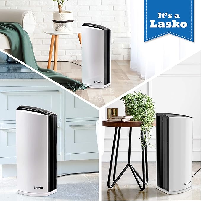 Lasko LP300 HEPA Tower Air Purifier with Timer for a Cleaner, Fresher Environment –2-Stage Filtration Removes Smoke, Odors, Pet Dander, Virus Sized Particles, Pollen, Dust, 21.6" x 7.3” x 10.3”, White