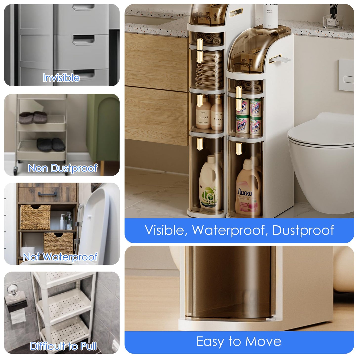 SHANGSHA Narrow Bathroom Storage Cabinet 7.1″ Slim Bathroom Floor Organizer with Drawers and Tissue Box Plastic Waterproof Mobile Locker with Wheels for Small Kitchen Laundry Living Room (4 Tiers)