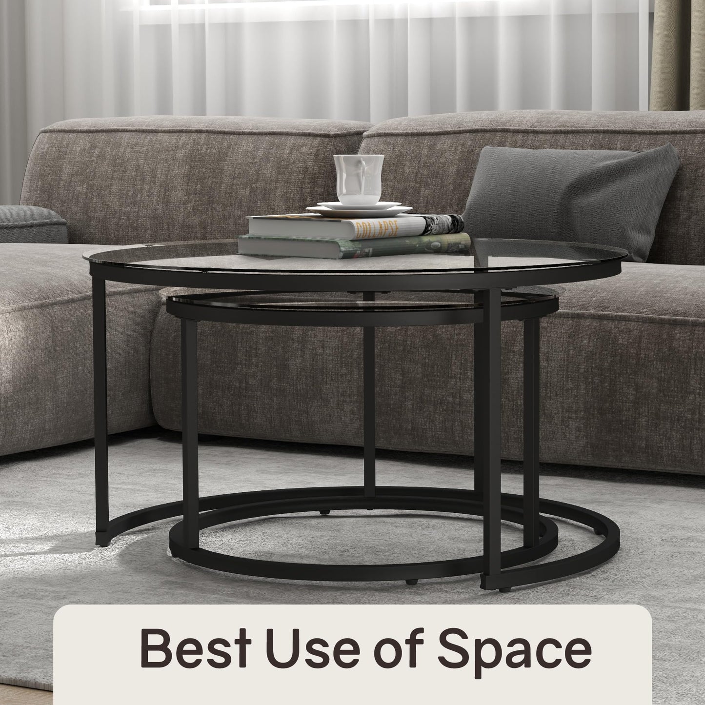 Furnivado 31.5" Nesting Coffee Table Set of 2, Round Nesting Coffee Tables with Tempered Glass Top, End Tables with Metal Frame for Living Room, Bedroom, Grey Transparent Glass
