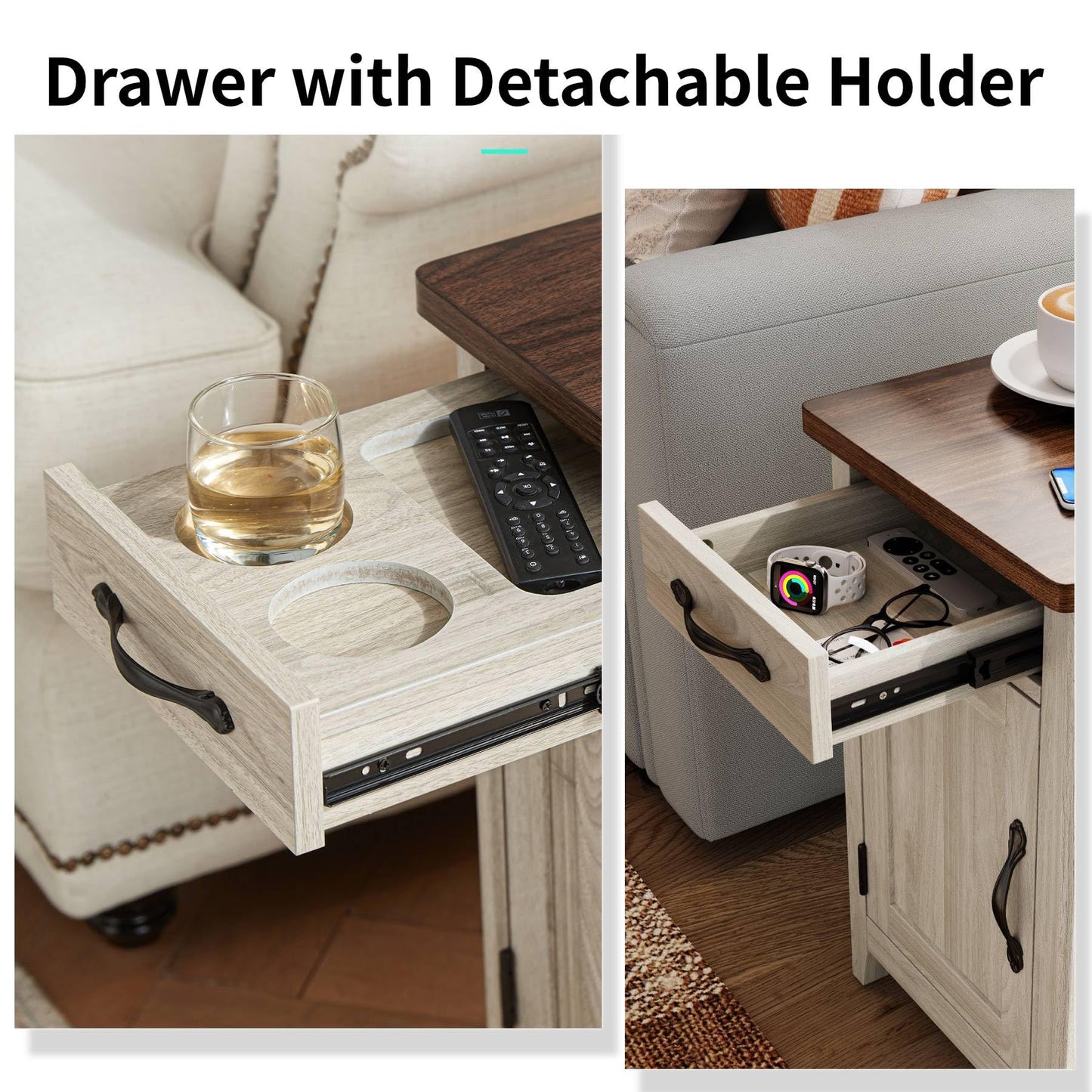 LINSY HOME End Table Set of 2 with Charging Station, Modern Farmhouse Sofa Couch Side Table, Wooden Bedside Table for Living Room, Slim Nightstand with Storage for Small Space, White Oak, Glass Door