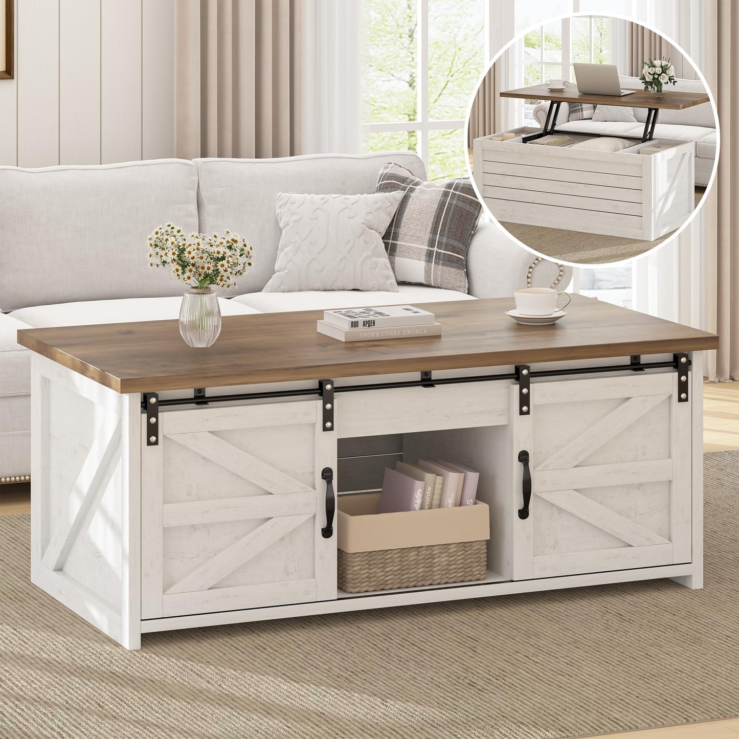 REVOMINCA Farmhouse Coffee Table Lift Top with Storage, 48 Inch White Coffee Table with Sliding Barn Doors, White Center Table with Large Hidden Storage Compartment for Living Room