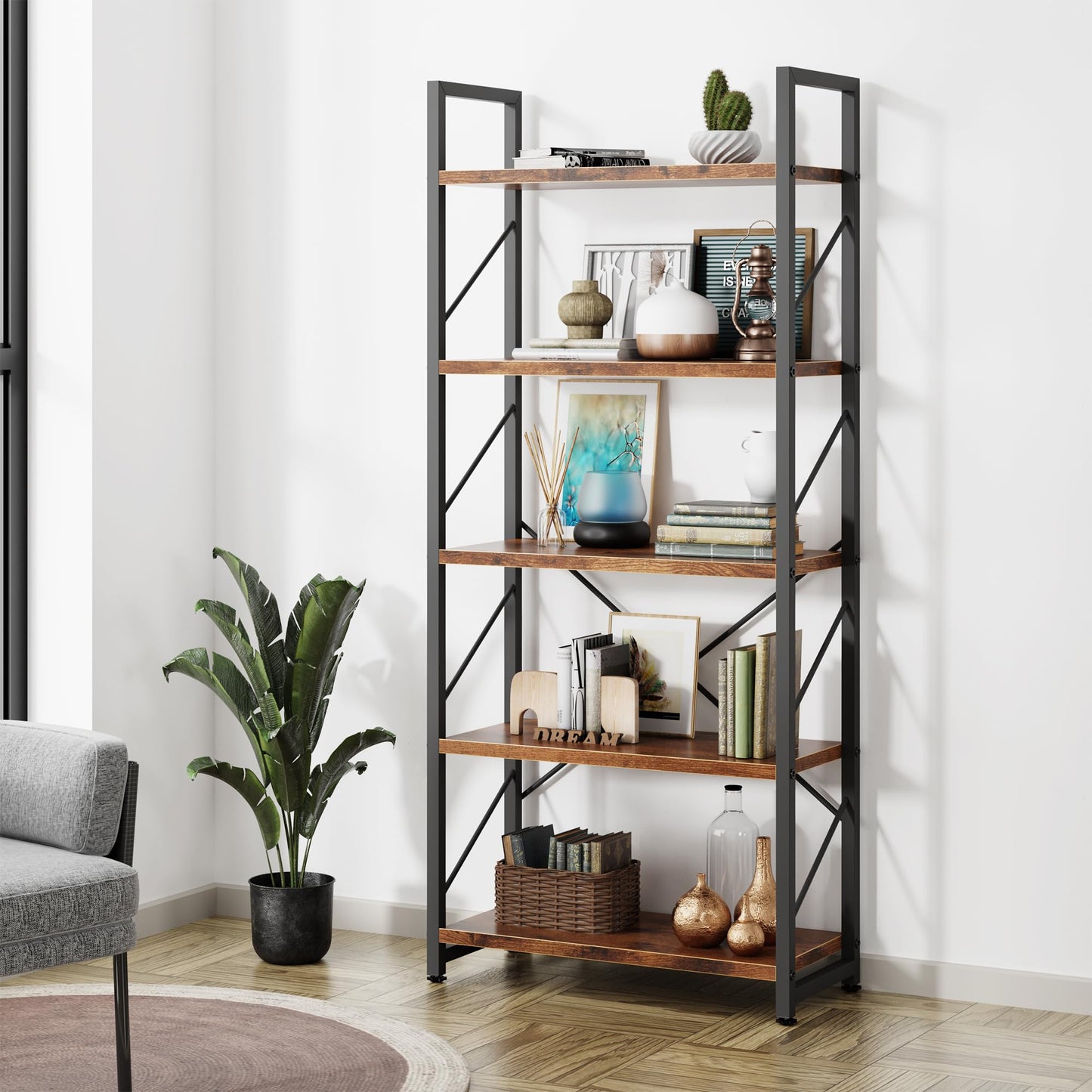 Shintenchi Bookshelf, 5 Tier Bookshelf, Tall Bookcase Shelf for CDs/Movies/Books, Home Office Bookcase Shelf Storage Organizer, Modern Book Shelf for Bedroom/Living Room/Home Office, Rustic Brown