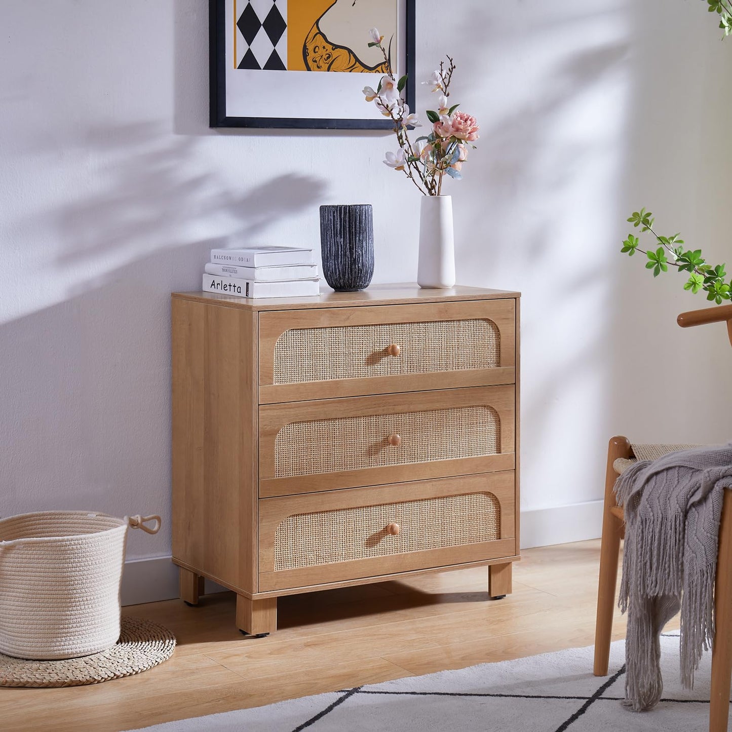 GANLLY 3 Drawer Dresser for Bedroom, Rattan Modern Closet Dressers Chest of Drawers, Wood Oak Storage Chest for Kids Bedroom, Hallway, Living Room