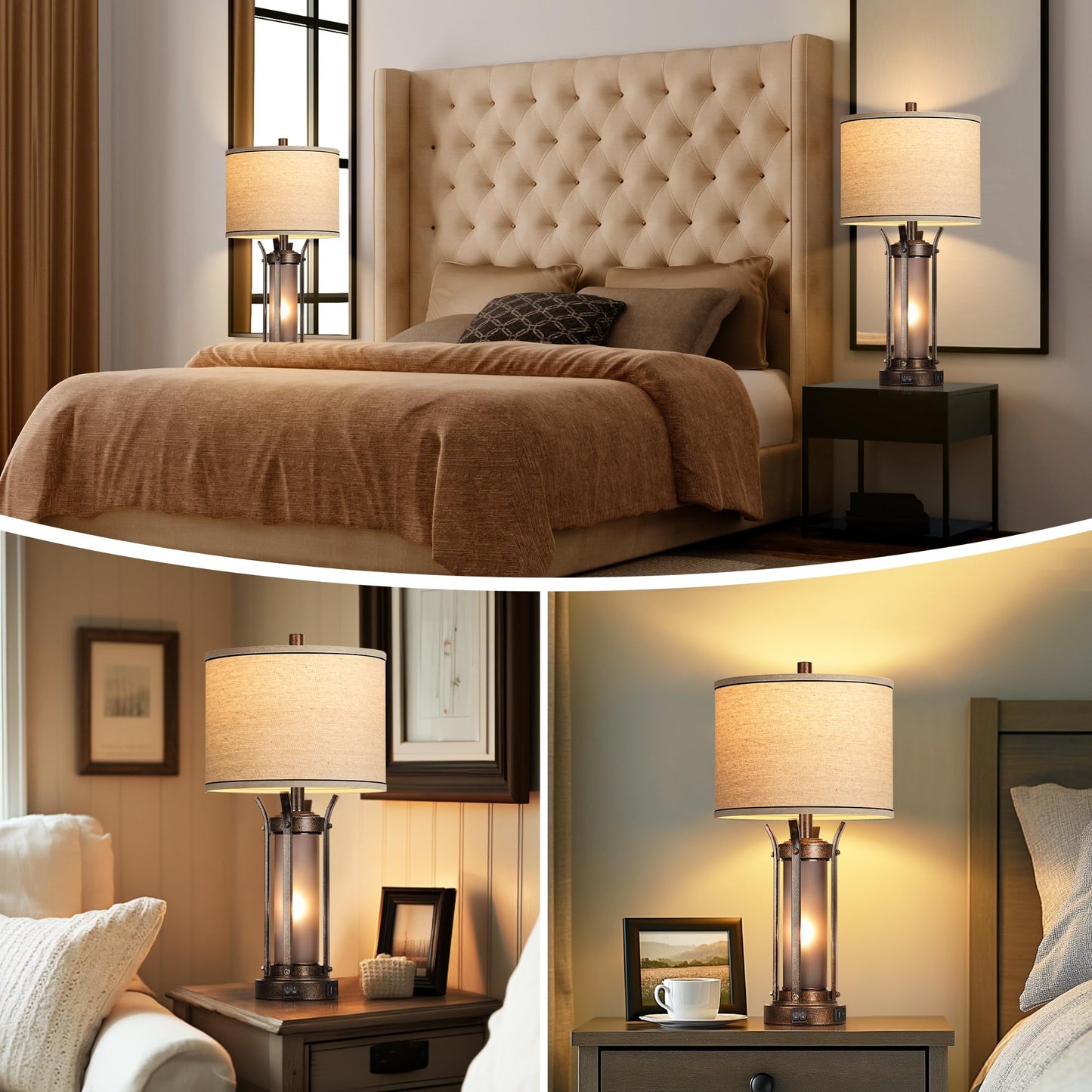 QiMH Farmhouse Table Lamps for Living Room, Rustic Beside Lamps for Bedroom with USB A+C Charging Ports, Nightstand Lamp with Frosted Glass Night Light for Home Decor, 4 Bulbs Included (Bronze)