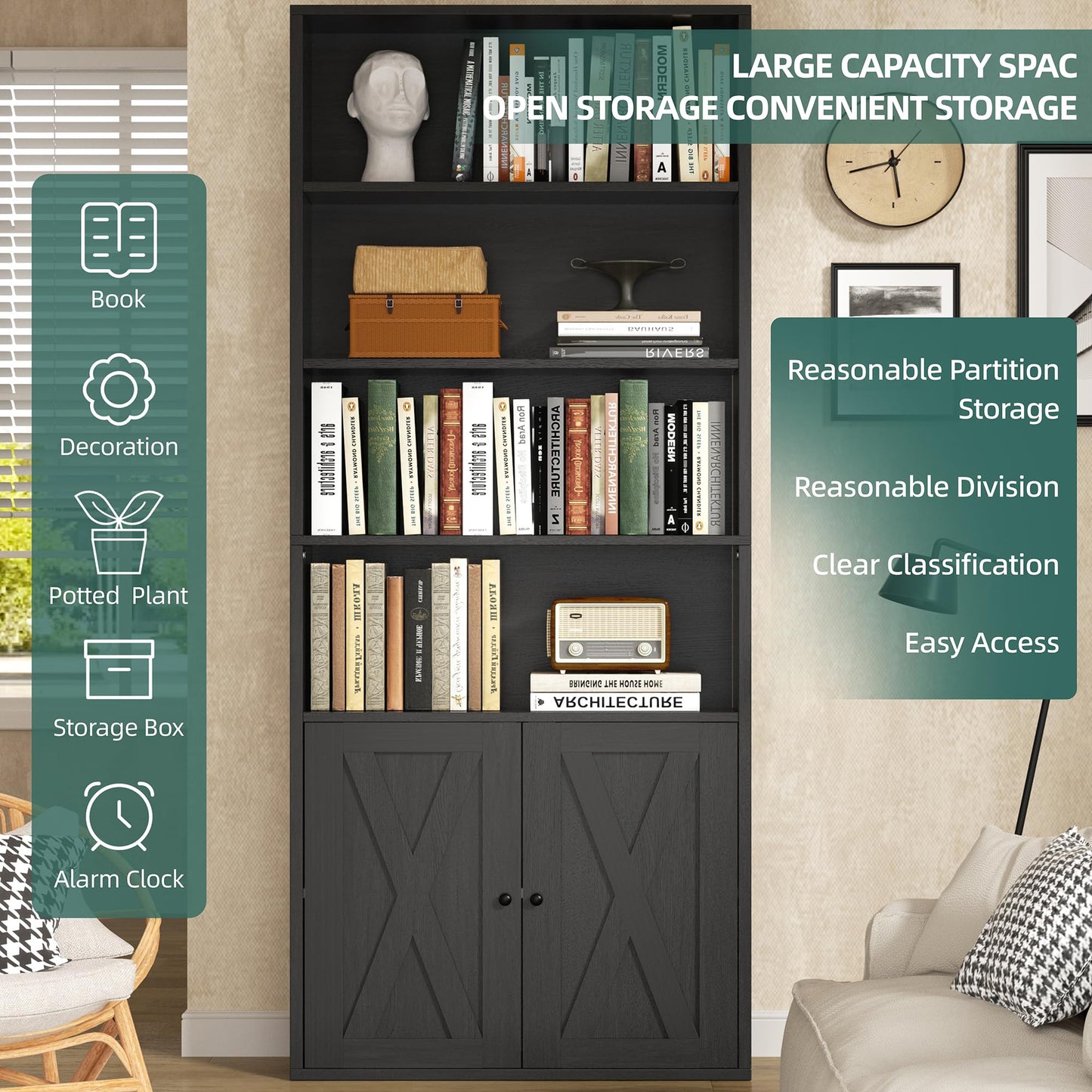 Shintenchi Bookshelf, Industrial Bookshelves and Bookcases with Doors Floor Standing 6 Shelf Display Storage Shelves 70.6 inches Tall Bookcase for Home Office, Living Room (Black)