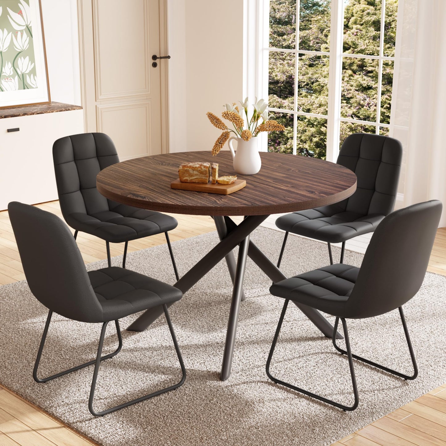 HIPIHOM 45.3 Inch Round Dining Table Set for 4, Mid Century Modern Small Coffee Set for Dining Room Kitchen Apartment (Walnut Table + 4 U-Shaped Black Chairs)