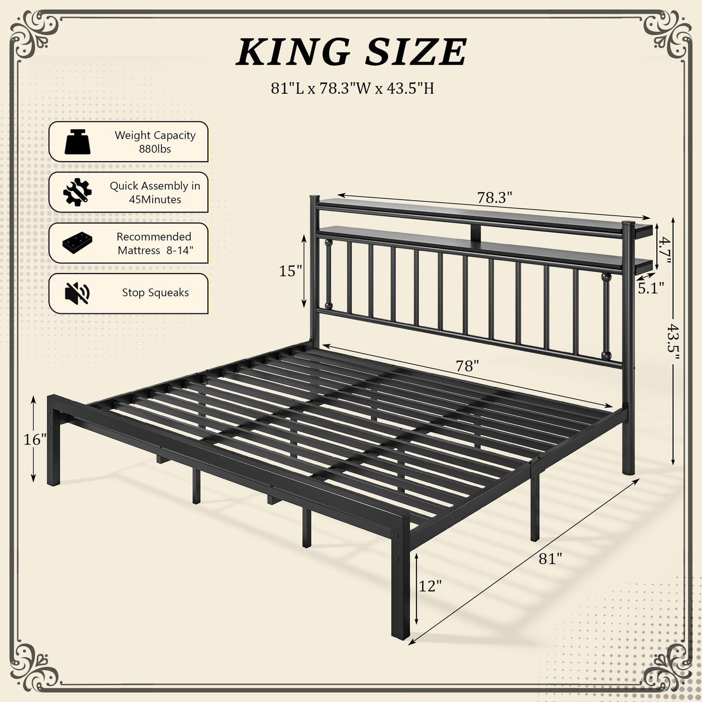 Homkdom Metal King Size Bed Frame and 2-Tier Storage Headboard, Bed Frame King Size with LED Light, Victorian Mattress Foundation Under Bed Storage/No Box Spring Needed/Noise-Free/Easy Assembly, Black