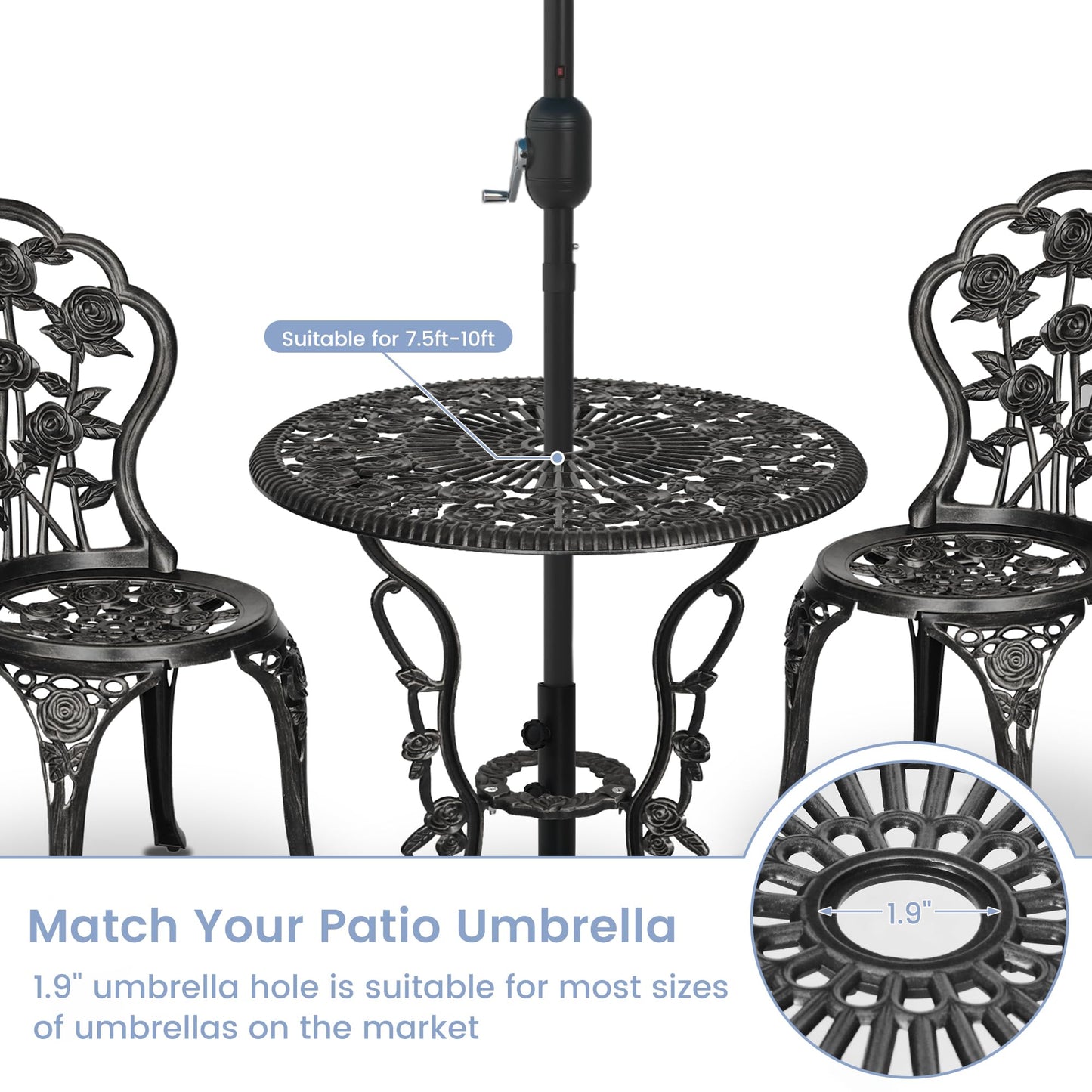 Aura Outdoor Cast Aluminum Bistro Set of 4, Patio Rose Table and Chair Set with Umbrella Hole for Balcony All Weather Resistant Black