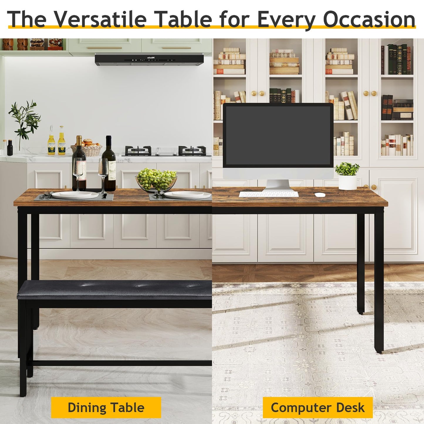 Rovibek Dining Room Table Bench Set for 4, Modern Space Saving Kitchen Table with with 2 Upholstered Benches & Adjustable Feet, Wooden Breakfast Table, 43", Brown