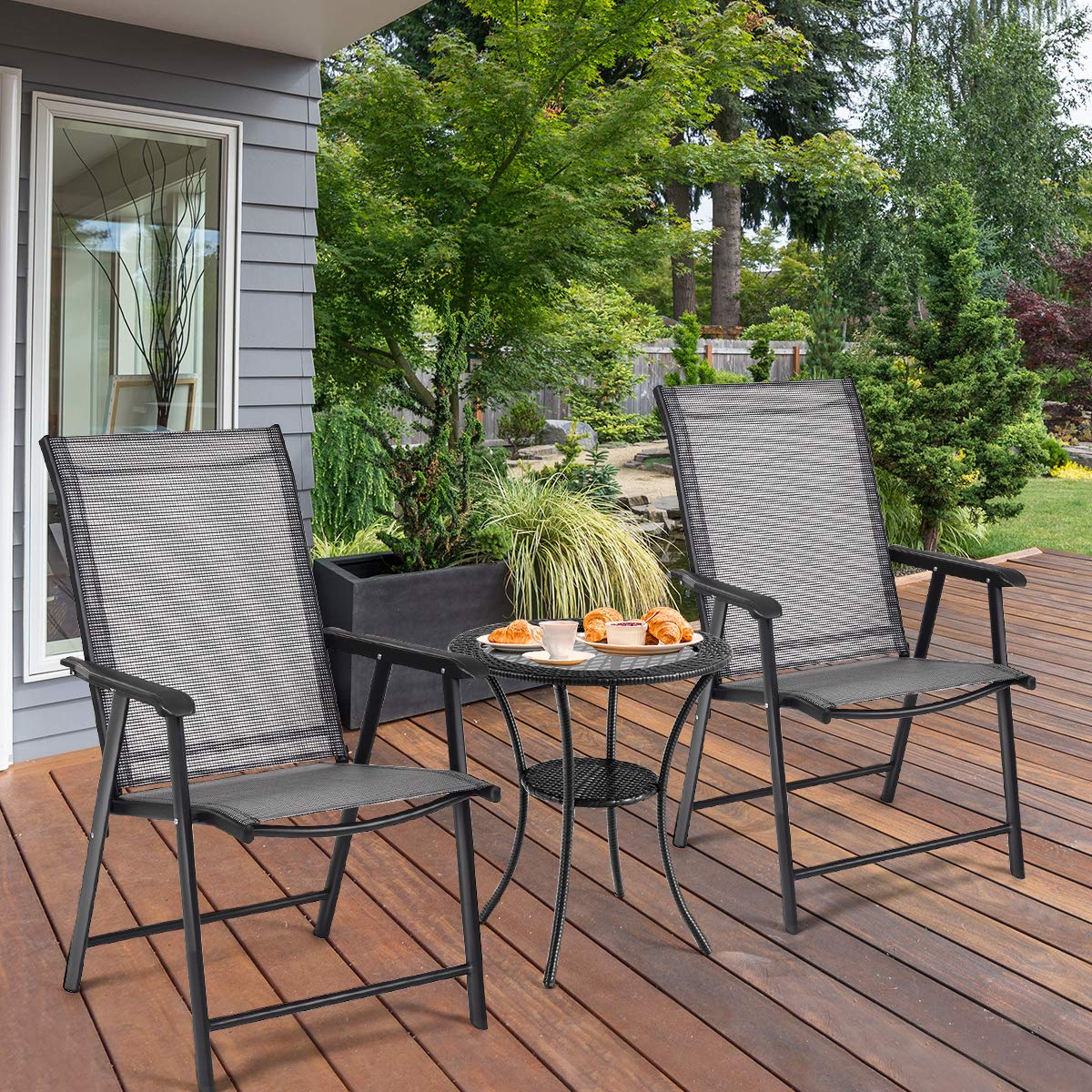 Giantex Set of 4 Folding Patio Chairs, Outdoor Portable Dining Chairs for Garden Camping Poolside Beach Deck Lawn, 4-Pack Sling Armchairs, Metal Frame, Grey
