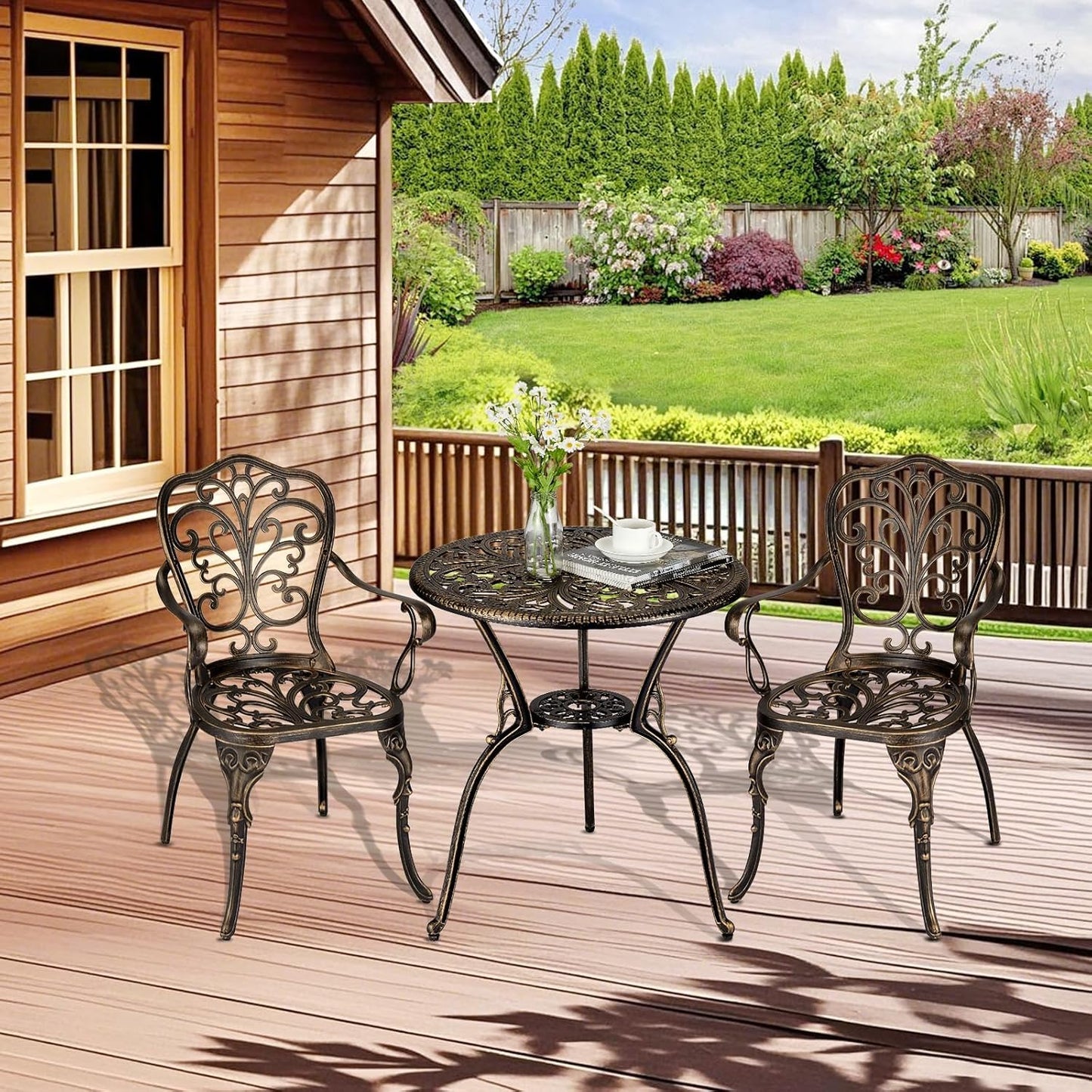 GarveeHome 3 Piece Outdoor Bistro Set, Cast Aluminum Patio Table and Chairs Set of 2 with Umbrella Hole, Rust-Resistant All Weather Balcony Furniture for Backyard, Porch, Bronze