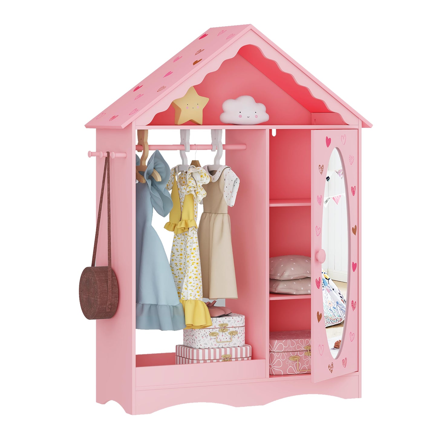 UTEX Kids Dress Up Storage with Mirror, Kids Wardrobe Closet, Dress Up Armoire for Little Girls, Open Hanging Costume Organizer with Storage Cabinet for Kids Room, Playroom