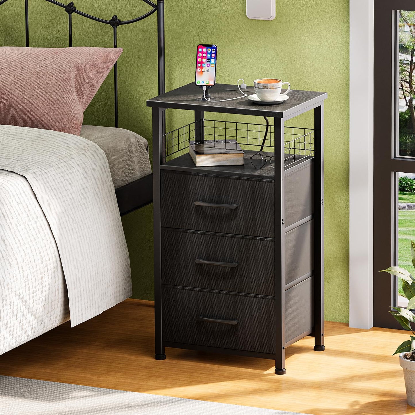 LAKEMID Night Stand Set 2 with Charging Station, End Table Set of 2 with 20 Colors LED Light Strip, 3 Fabric Drawers, Bedside Table with USB Ports and Outlets for Bedroom (Black)