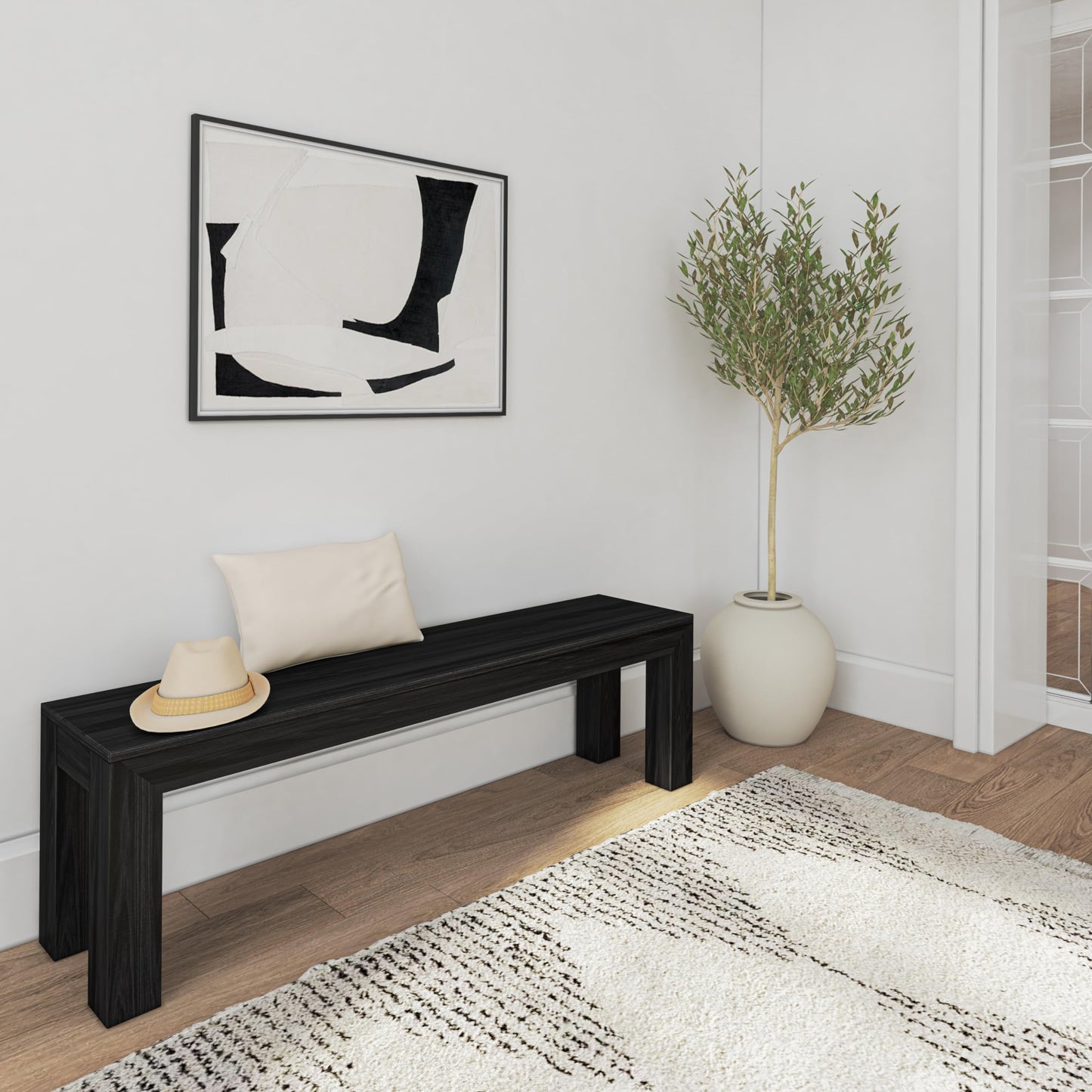 Plank+Beam 60 Inch Dining Bench for Dining Room, Bench for 72 Inch Table Kitchen Dining Seat, Wooden Outdoor Bench, Solid Wood Entryway Bench, Black Wirebrush