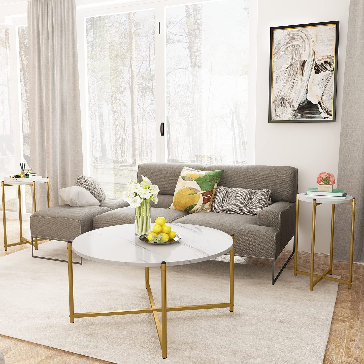 Lamerge Coffee Table Set of 3,Modern Faux Marble Top with Golden Frame,1 Coffee Table & 2 Accent Table, Living Room Table Set, for Apartment,Office and So on,White & Gold (LCTR-W)