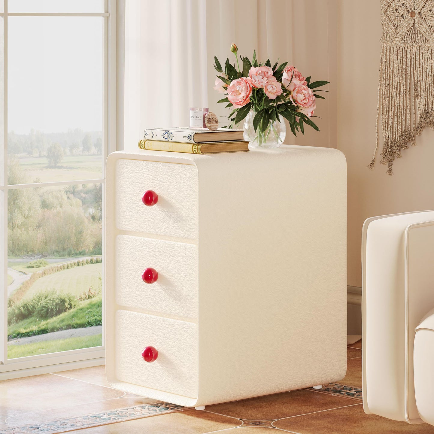 LIKIMIO Modern Leather Nightstand, Narrow Beside Table with 3 Drawers and Silent Slides, Cream Style Small Side Table for Bedroom