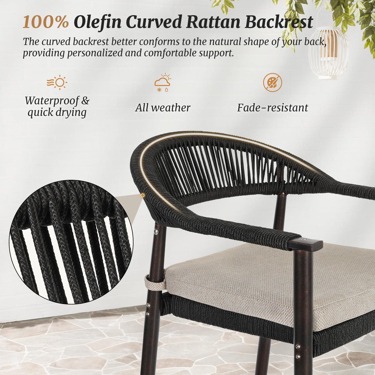 Cozyman Bar Stools Set of 4, 24.8'' Aluminum Outdoor Bar Stool with Removable Cushion, Boho Rattan BarStools, Olefin Rope Woven Bar Chairs with Footrest for Patio, Garden, Pool, Kitchen, Black