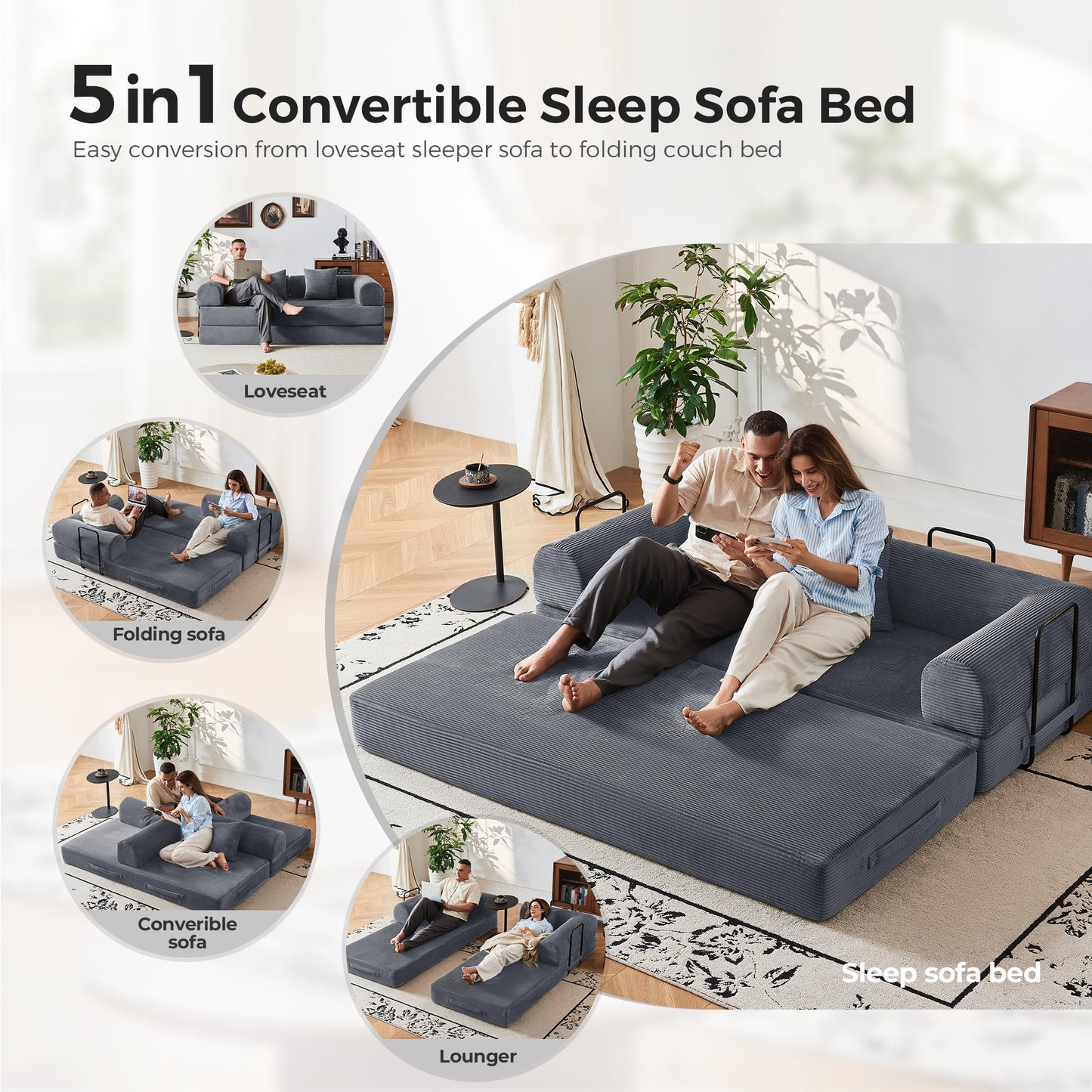 Bsxupke 79'' Convertible Sleeper Couch Bed, Floor Sofa Bed with Fixed-Shape Frame, Corduroy Floor Sofa with 2 Pillows, Loveseat Floor Sofa Lounge for Living Room Bedroom, Dark Grey