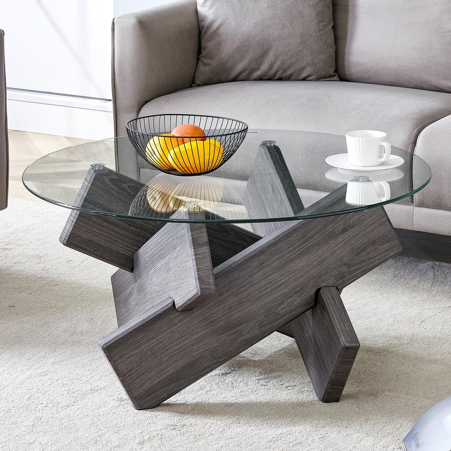 Gray Round Glass Coffee Table,33-Inch Small Modern for Living Room Clear Circle Accent Table Adapts to Farmhouse and Contemporary Decor