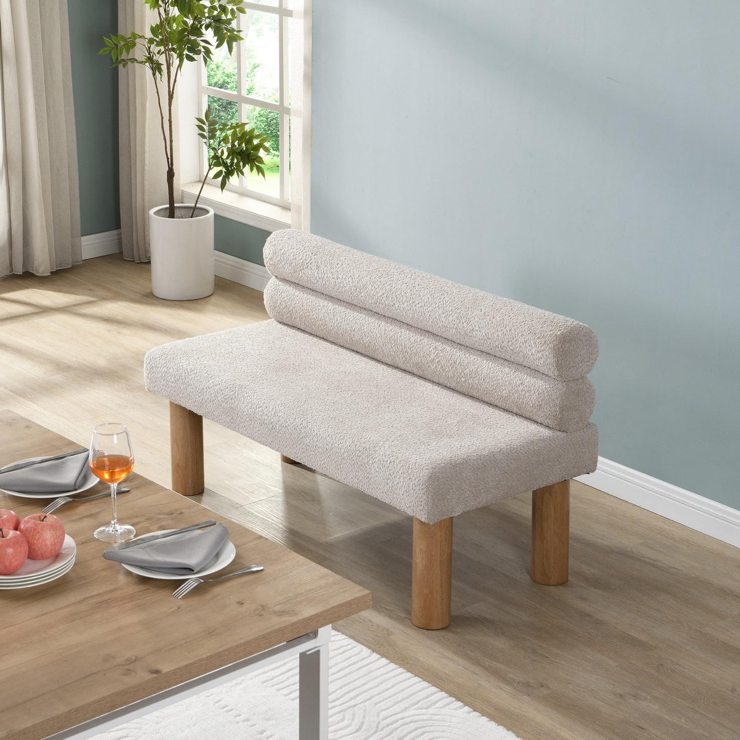 GDFStudio Upholstered Boucle Dining Bench with Backrest Farmhouse Entryway Bench with Rubber Wood Legs Long Indoor Bench for Bedroom Living Room End of Bed Dining Room Seating, Light Grey
