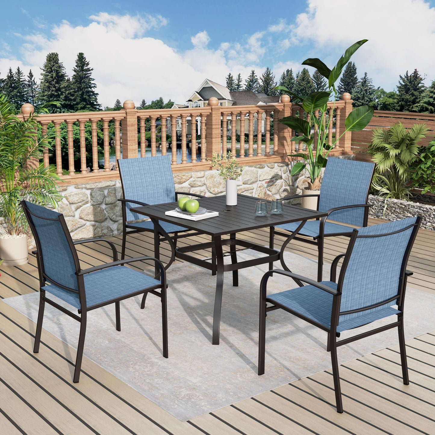 MIXPATIO 5 Pieces Patio Table and Chairs Set for 4, Outdoor Dining Furniture Set, with Blue Textilene Chairs and 37" Square Metal Umbrella Hole Table, for Deck Backyard Lawn
