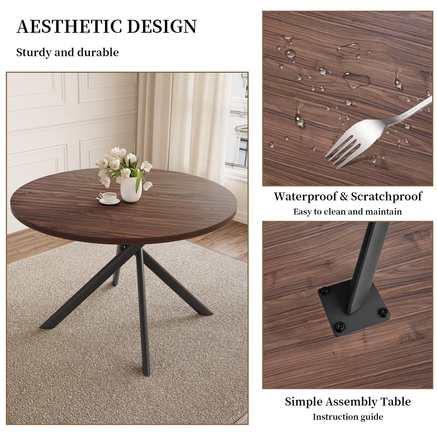 HIPIHOM 45.3'' Walnut Round Dining Table Set for 4, Mid Century Modern Small Coffee Set for Dining Room Kitchen Apartment (Walnut Table + 4 Black Chairs)