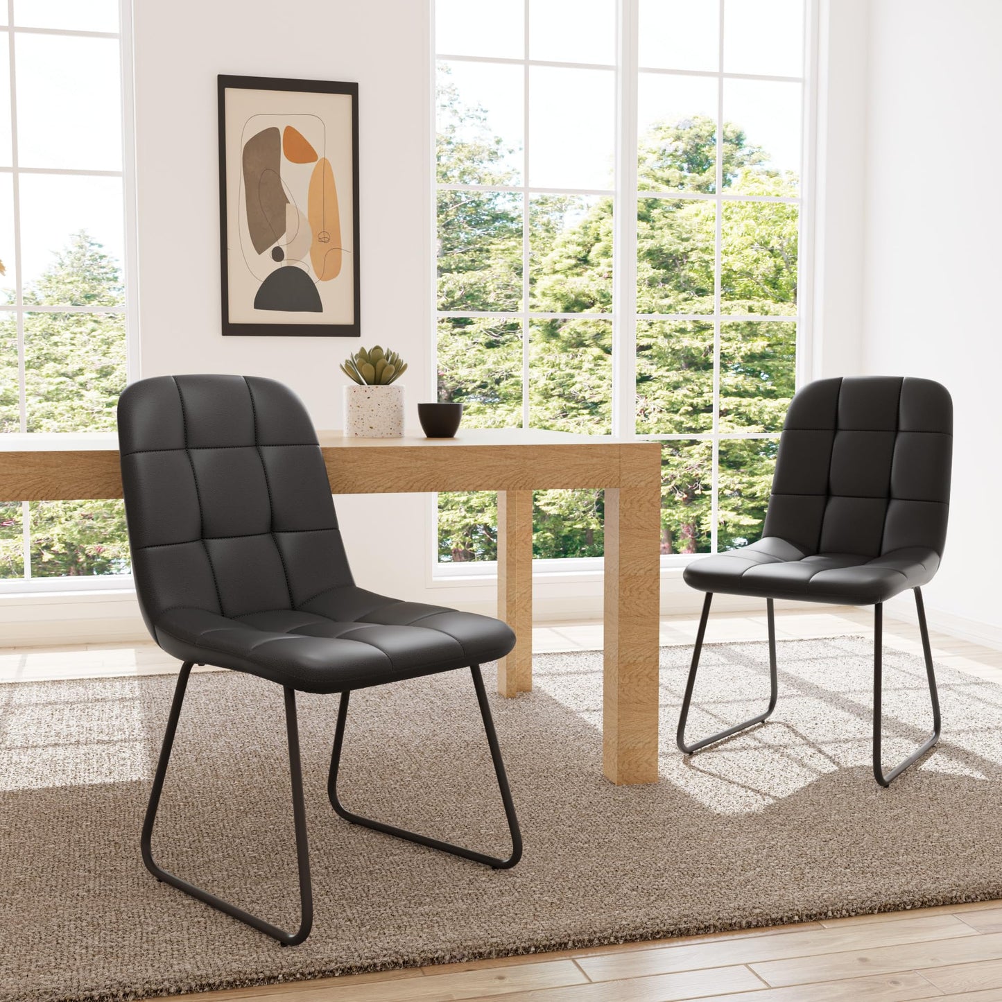 HIPIHOM Dining Chairs Set of 2, Modern Kitchen Faux Leather Dining Room Chair for Kitchen Living Dining Room (2 Black)