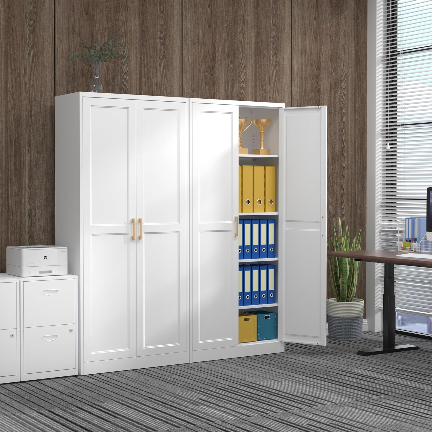Kubohogar 71" Tall Metal Pantry Cabinet, White Kitchen Pantry Storage Cabinet with 4 Adjustable Shelves and Gold Handles, Cupboard for Kitchen, Dining Room, Living Room, Bathroom