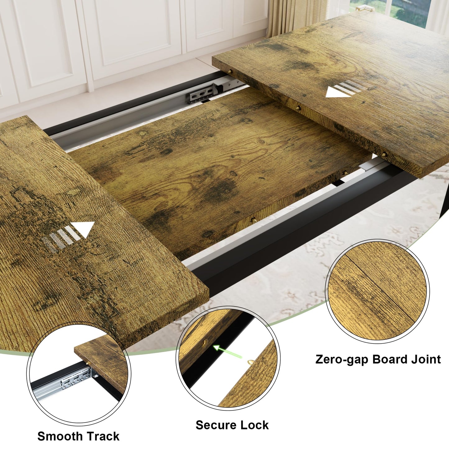 Feonase 7-Piece Dining Table Set with 6 Stools, 63 Inch Extendable Kitchen Table for 4-8, Kitchen Room Set with MDF Board & Metal Frame, Farmhouse Table, Space-Saving, Rustic Brown