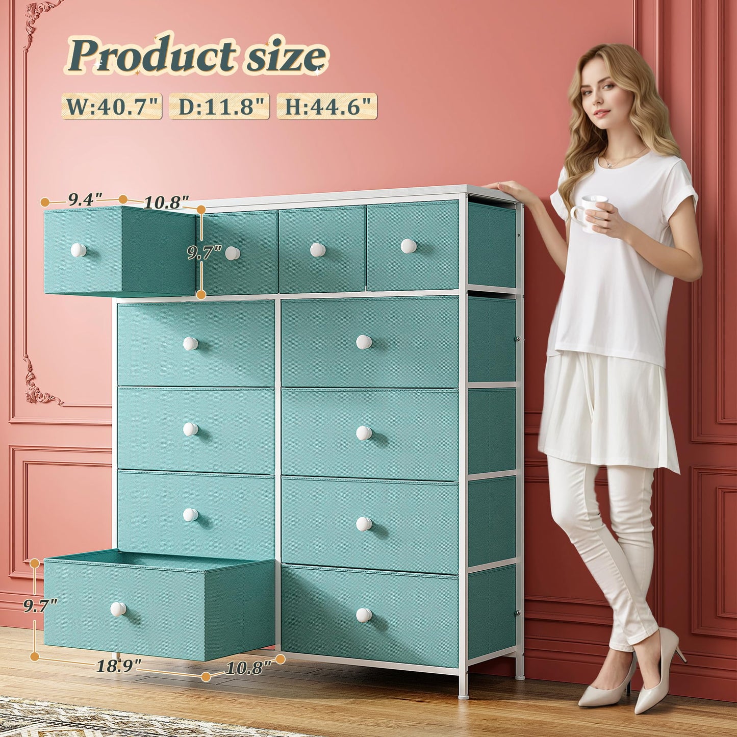 Romorgniz Tall Dressers for Bedroom with 12 Drawers, Fabric Storage Dressers & Chests of Drawers, Sturdy Metal Frame, Wood Top, Closet, Entryway, Bedroom Furniture (Turquoise)