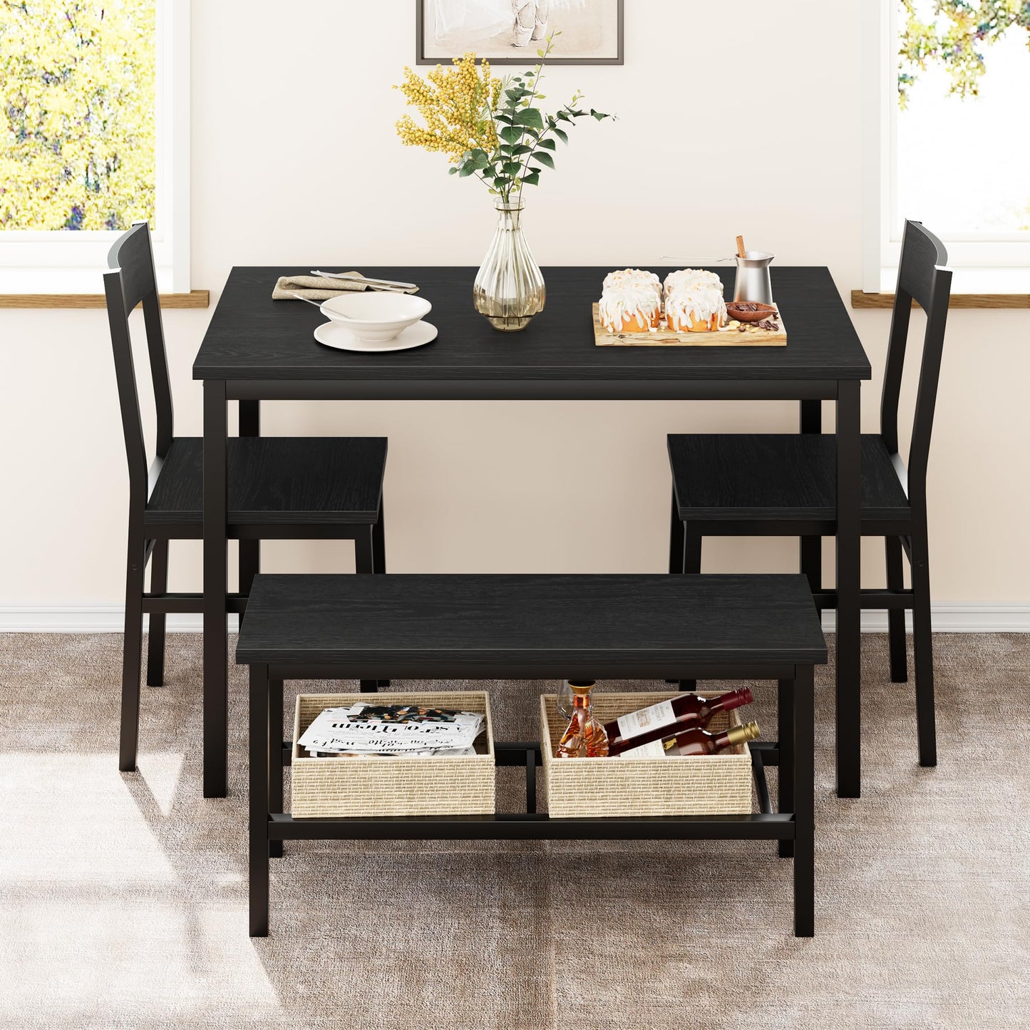 GarveeHome Dining Table Set for 4, Modern Kitchen Table with Chairs and Bench for Small Space, 4-Person Dining Room Table Set with Metal Frame and Storage Rack, Dinette Set for Apartment