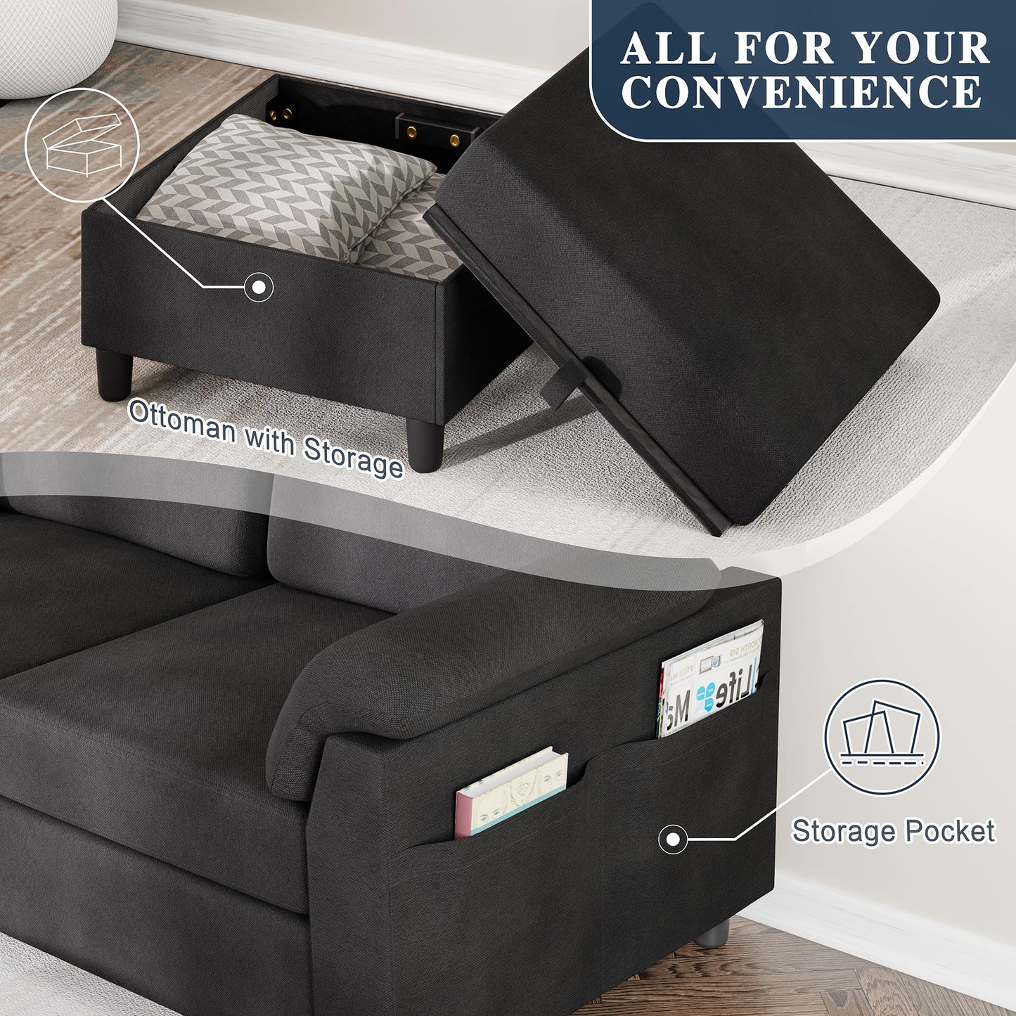 Meilocar Sectional Sofa Couch for Living Room, 79" Sectional Couches with Storage Ottoman, L Shaped Couch with Armrests Side Storage Pockage, 3-Seat Sofa Couches for Apartment, Black
