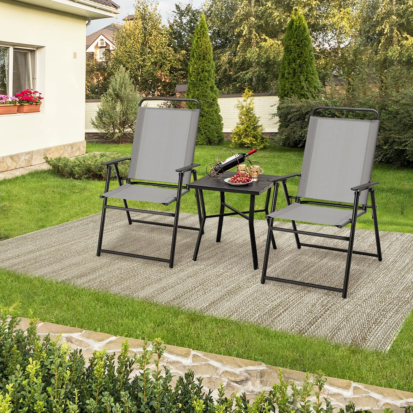Giantex Patio Chairs Set of 4, Outdoor Folding Chairs with Armrests, Metal Frame, Outside Foldable Dining Chairs for Lawn Deck Porch Beach Yard (Gray & Black)