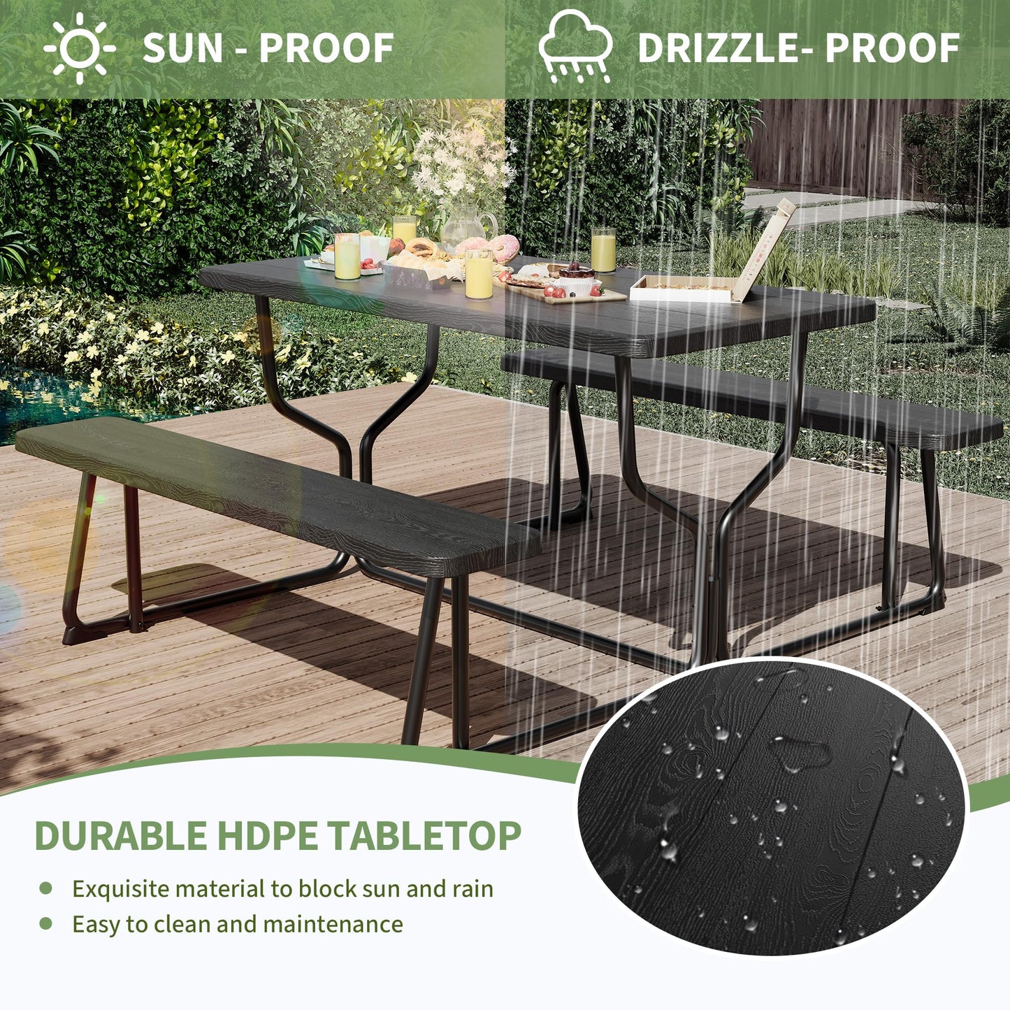 Reljofum Outdoor Picnic Table and Bench Set, All Weather Camping Picnic Tables, Wood Grain Tabletop & Metal Frame, Picnic Tables for Outdoors Camping Backyard Deck Patio Poolside Dining Party, Black