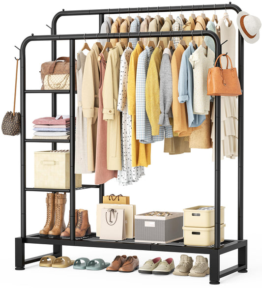 Double Rods Clothes Rack Clothing Rack with 4 Tier Storage Shelves Clothes Rack for Hanging Clothes Multifunctional Heavy Duty Clothes Organizer with Hooks for Bedroom,Wardrobe Closet,Shop,Black