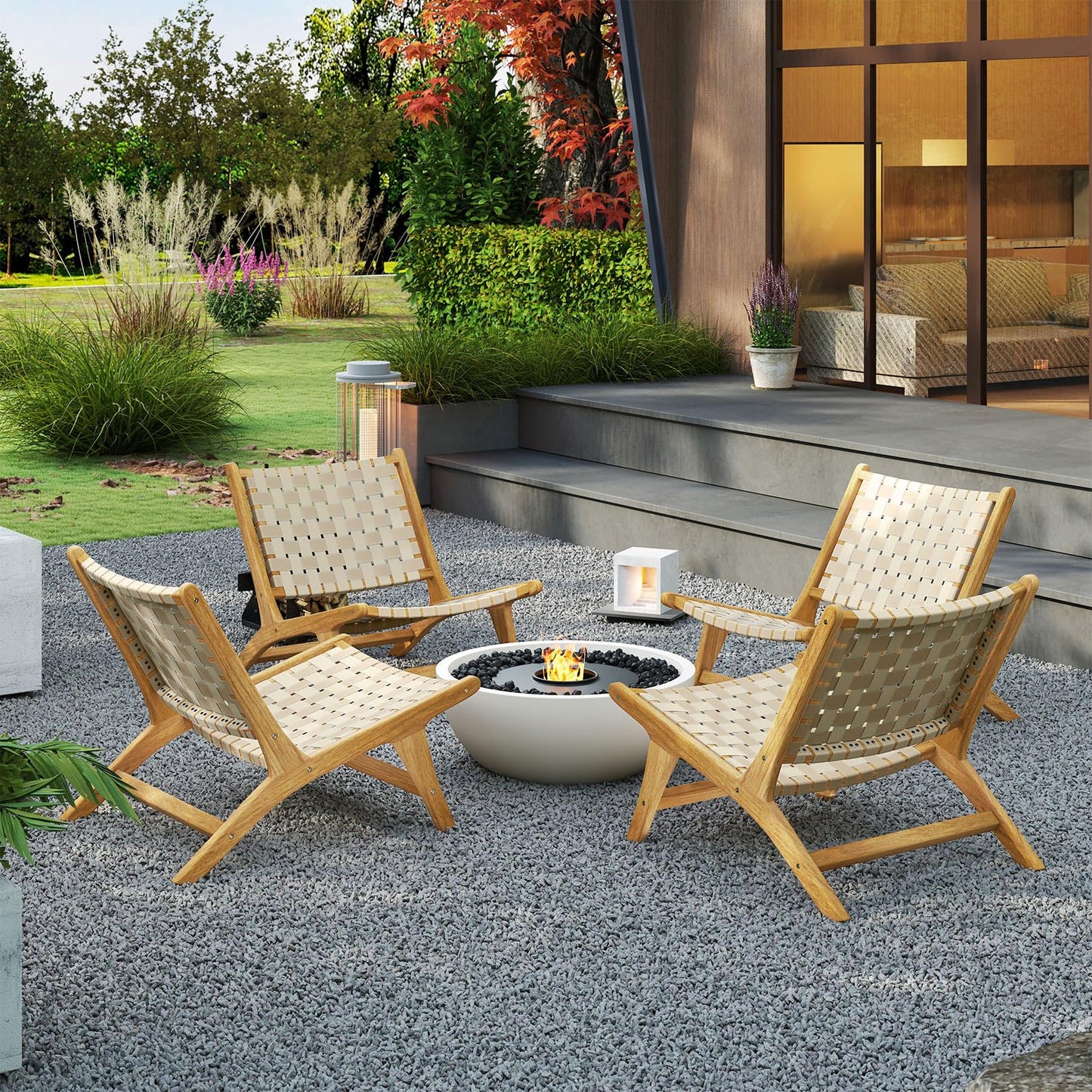 Tangkula Teak Wood Patio Dining Chair, Outdoor Wooden Mid-Century Accent Armless Chair w/Webbing Seat & Backrest, for Living Room, Balcony, Porch, Backyard, Lawn, Poolside, Garden, Deck (Natrual,2)
