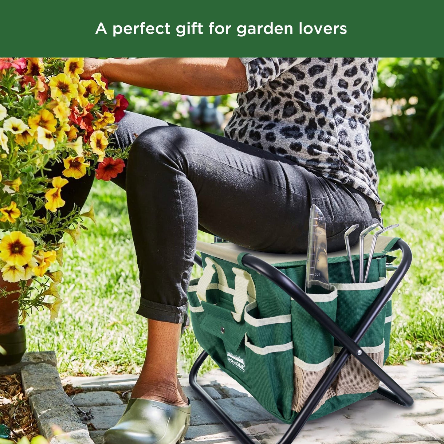 GardenHOME 7-Piece Gardening Tool Set – Stainless Steel Tools with Wooden Handles, Folding Stool, and Canvas Tote Bag, Green and White – Ideal for Gardeners, Men, and Enthusiasts