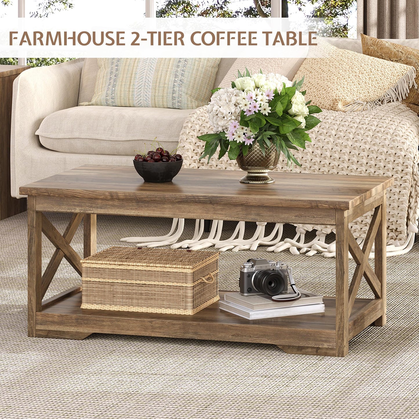 LUXOAK 3-Piece Farmhouse Living Room Table Sets, Includes 1 x Coffee Table, 2 x End Tables with Charging Station & USB Ports, Rustic Coffee Table Set of 3, Barnwood