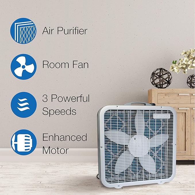 Lasko Air Flex 20" 2-in-1 Box Fan and Air Purifier in One with MERV10 Air Purifying Filter for Cleaner and Cooling Breeze, 3 Speeds, Steel Body, FF305