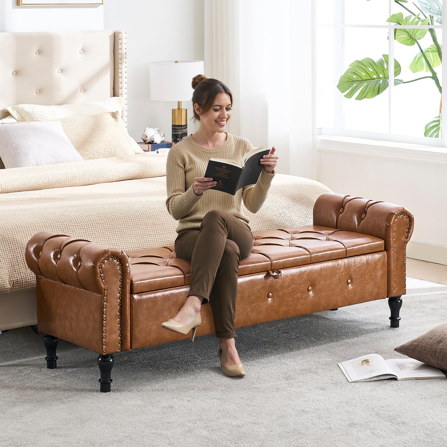 HOMYKA Storage Bench for Bedroom, Faux Leather 67" End of Bed Bench, King Size Bench with Arms, Tufted Storage Ottoman Benches, Upholstered Bench for Bedroom, Living Room, Entryway, Brown