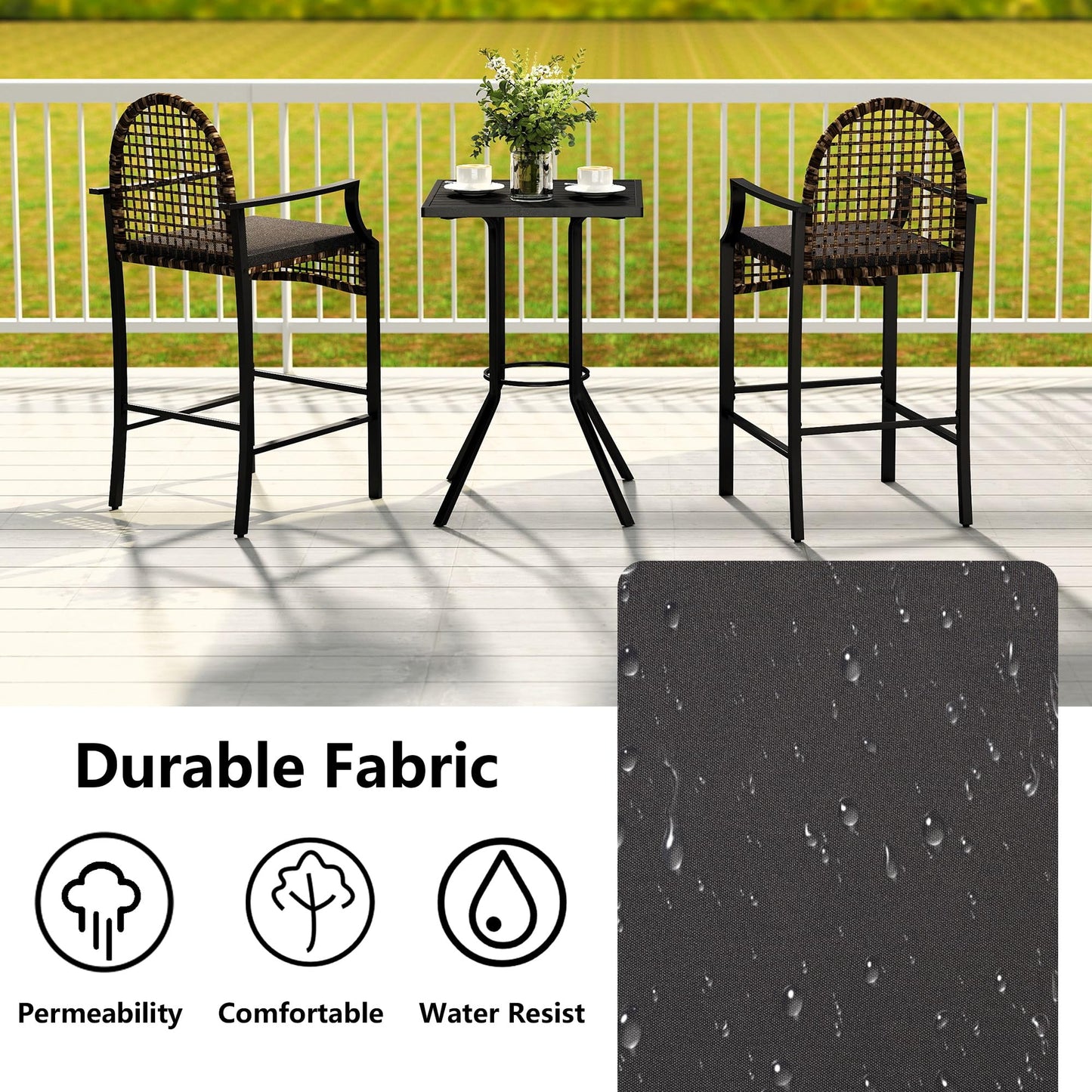 DAYARUS 3 Piece Outdoor Patio Bar Set, Modern Patio Furniture Set, 29.5" Wicker Bar Height Patio Bistro Set, Bar Height Patio Set with Cushions, Outdoor High Top Table and Chairs for Balcony, Gray