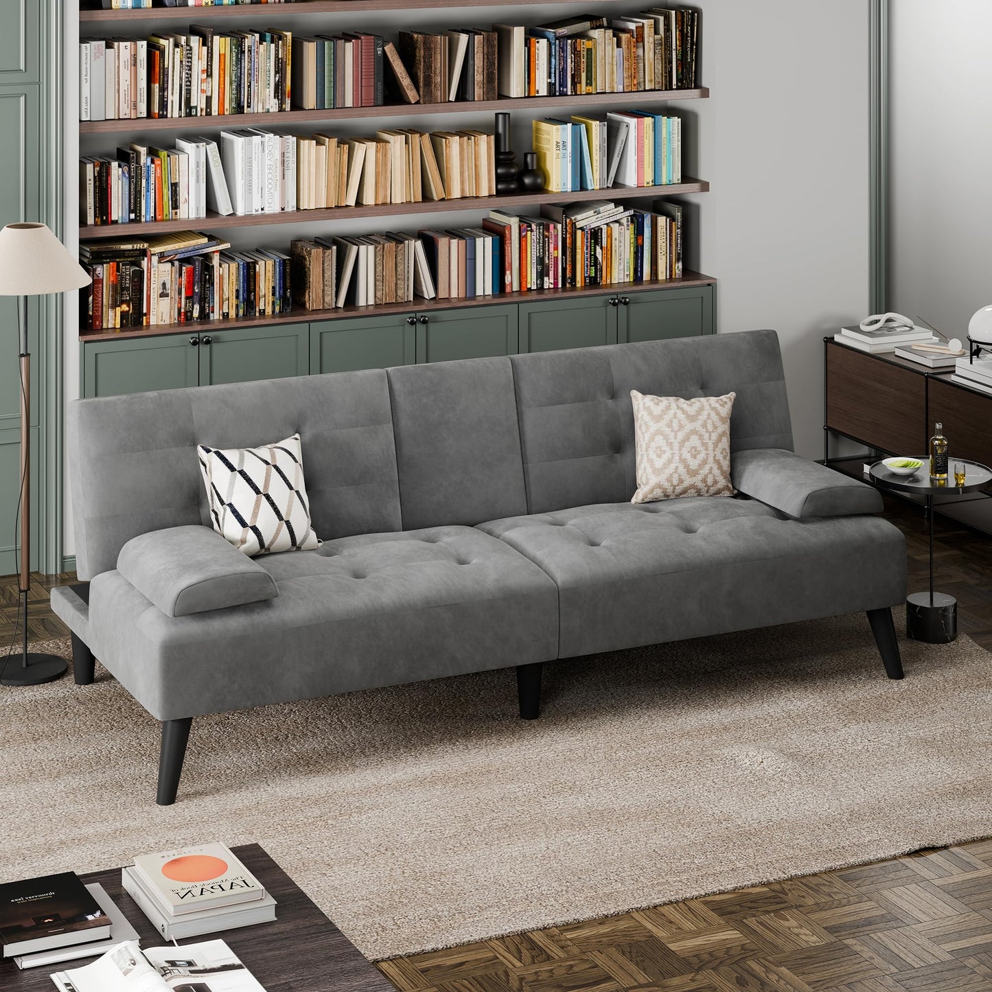 JAMFLY Sofa Bed Futon Couches, Modern Convertible Folding Loveseat - Multi-Functional Recliner with 3-Angle Adjustment, Detachable Armrests with Cup Holders - Ideal for Small Spaces, Dark Drey Velvet