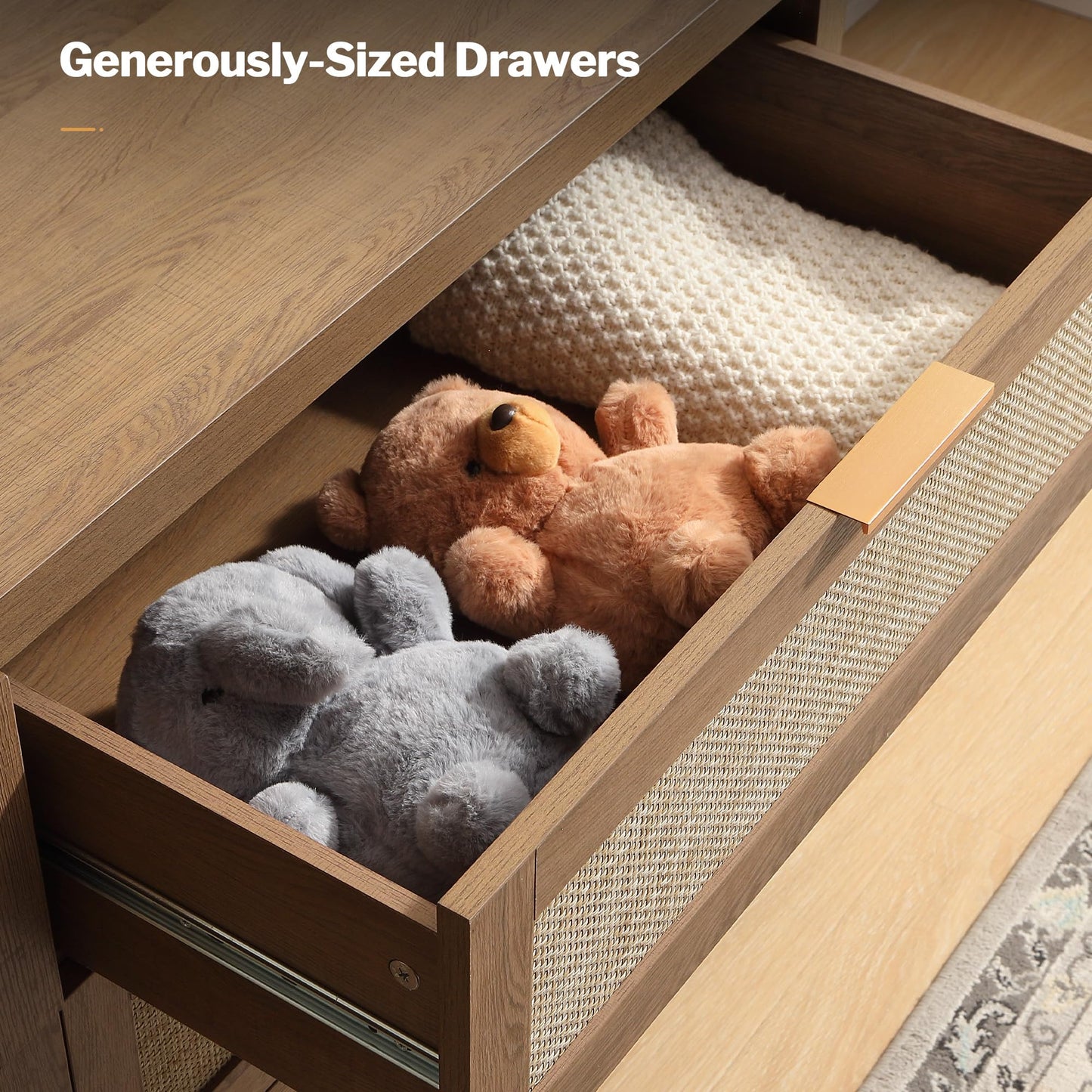 SICOTAS Rattan Dresser for Bedroom, 56.9" Wide 6 Drawer Dresser with Ample Storage, Dressers Large Chest of Drawers, Closet, Boho TV Stand for Bedroom (Reclaimed Caramel Oak, 1 Piece)