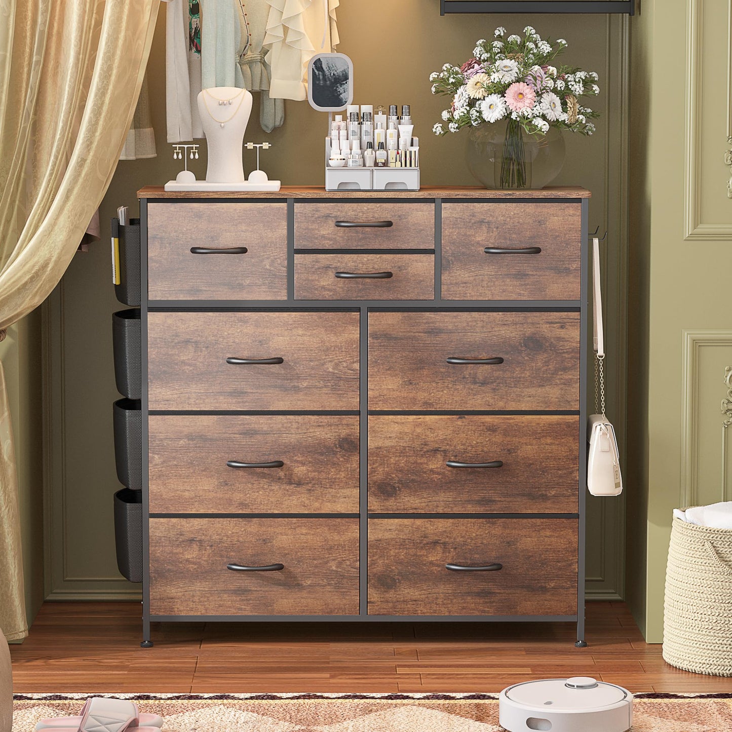 Lulive Dresser for Bedroom with 10 Drawers, Chest of Drawers with Side Pockets and Hooks, Fabric Storage Organizer Unit for Living Room, Hallway, Closet (Rustic Brown)