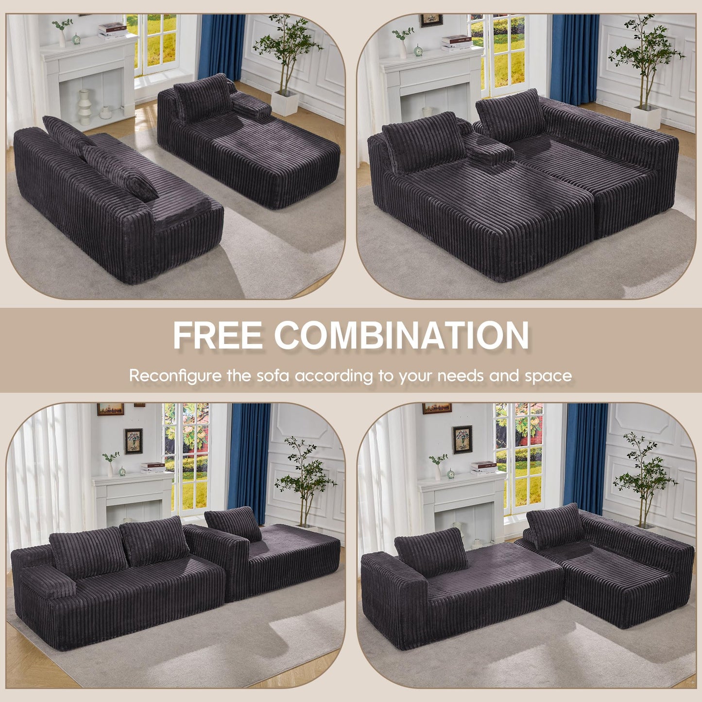 Hobestluk Modular Sectional Sofa Couches 108" L-Shape Couch 3 Seat Modular Sofa Memory Foam Sectional Couches for Living Room, Boneless Couch with Oversized Chaise (Grey, Right Facing)