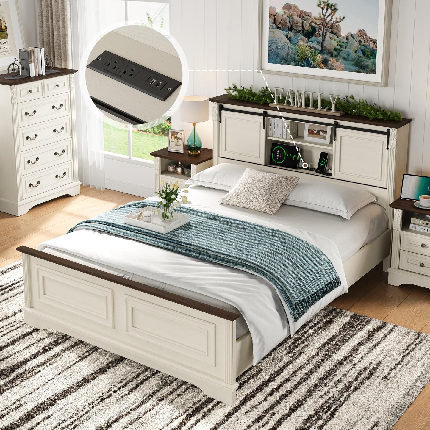 BLANKSPACE Queen Size Bed Frame with Storage Headboard, Charging Station, Bracket Footboard, Farmhouse Bed Frame with Bookcase and Sliding Barn Doors, Noiseless,（Antique White）