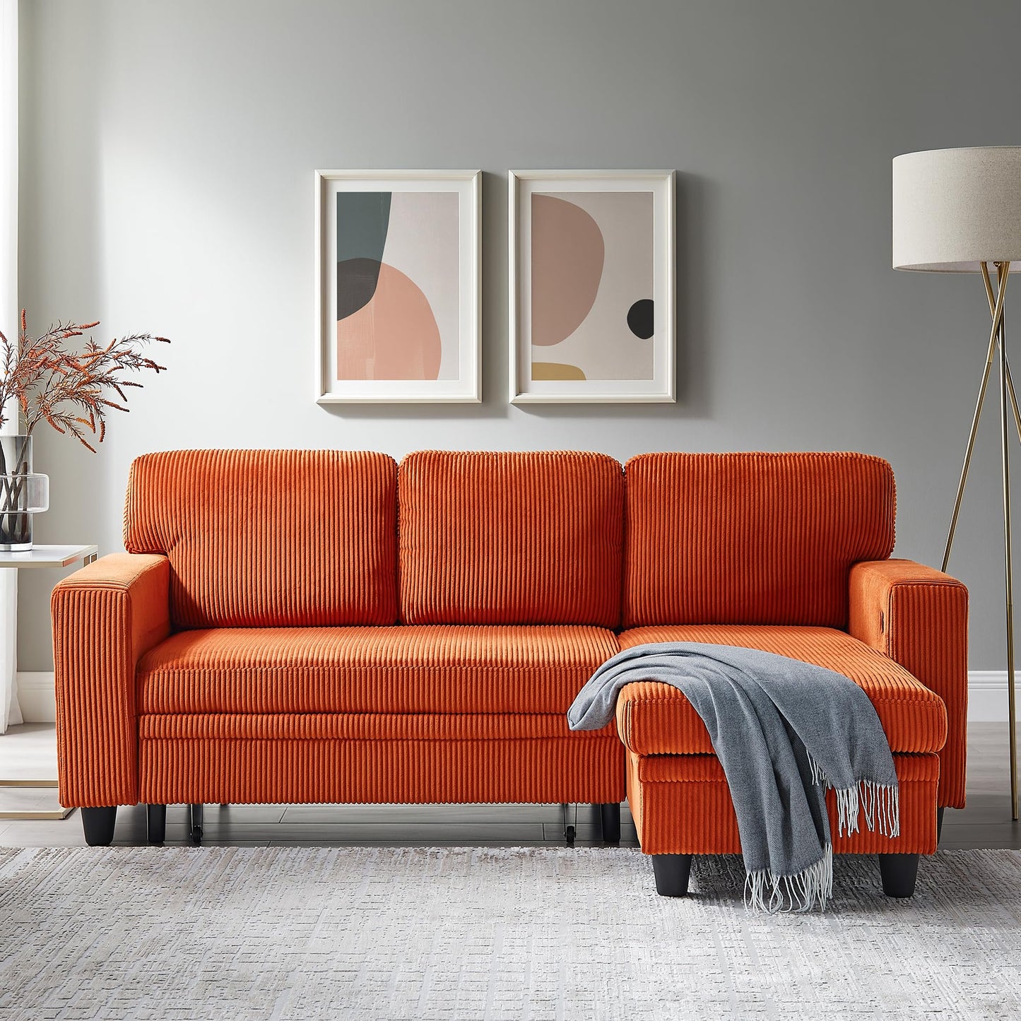 RedLemon 80'' Sleeper Sofa Bed,L-Shaped Sectional Corduroy Couch with Storage Chaise,2 Built-in Bookshelves and USB Charging Port - Comfy Sofa for Living Room, Apartment, Caramel