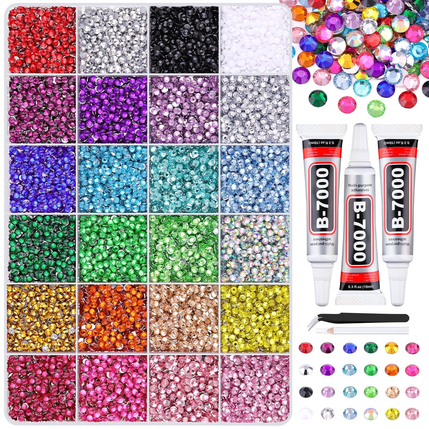 24000Pcs Resin Rhinestones for Crafting with Tweezers, Multicolor 3mm Bedazzling Crystal with 3Pcs 10ml B7000 Jewelry Glue for DIY Crafts Clothing Tumblers Shoes Fabric Nail Art