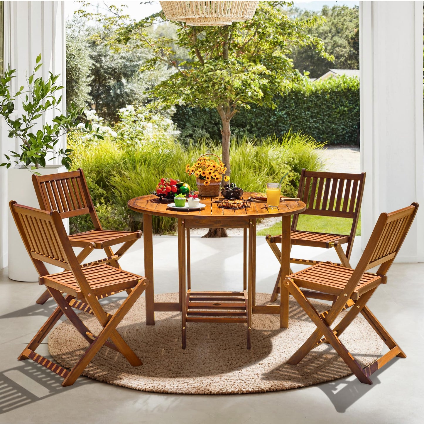 Devoko 5 PCS Patio Furniture, Patio Dining Set Acacia Wood Outdoor Table and Chairs, with 4 Folding Chairs and 37" Round Movable Table, Outdoor Dining Set for Lawn, Balcony, Garden (Light Brown)