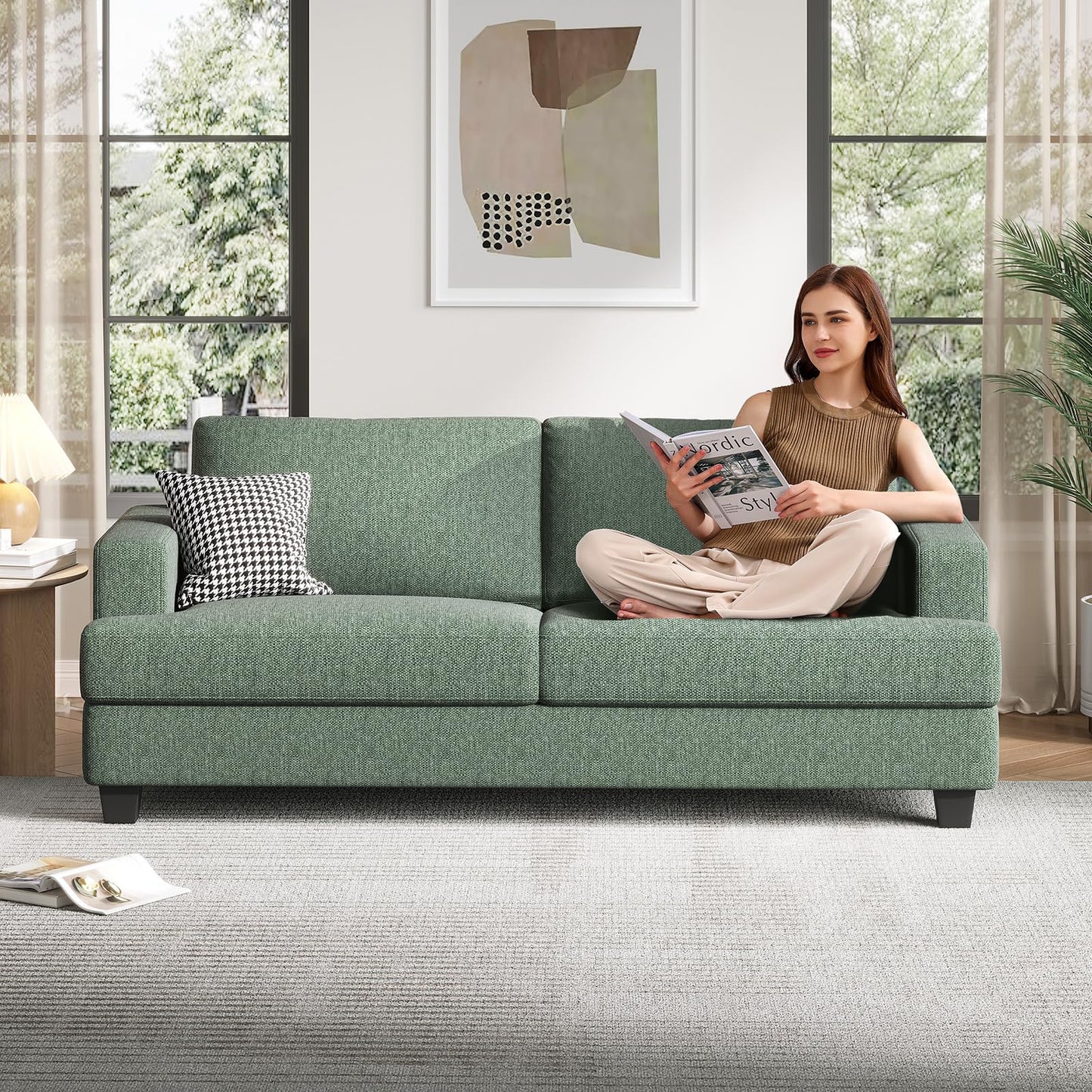 COPIAE 84 Inch Sofa with Extra Deep Seats Oversize, Linen Fabric 2 Seater Sofa for Living Room,Modern Couch and Loveseat, Comfy Armrests and Seats and Backrests, Easy Installation, Light Green